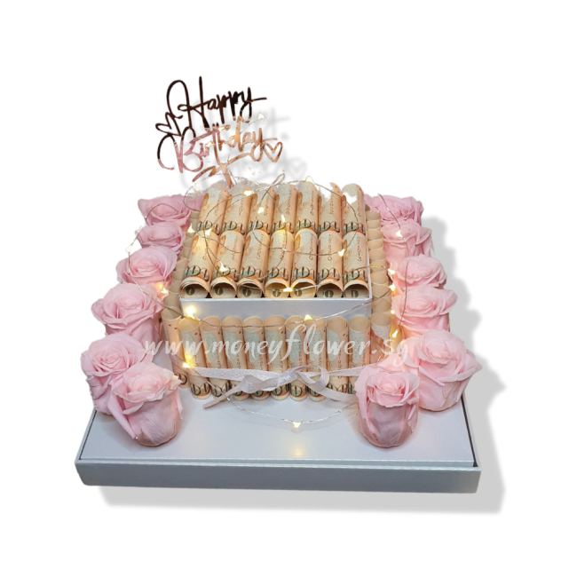 Money cake gift box with 12 preserved roses and fairy lighting